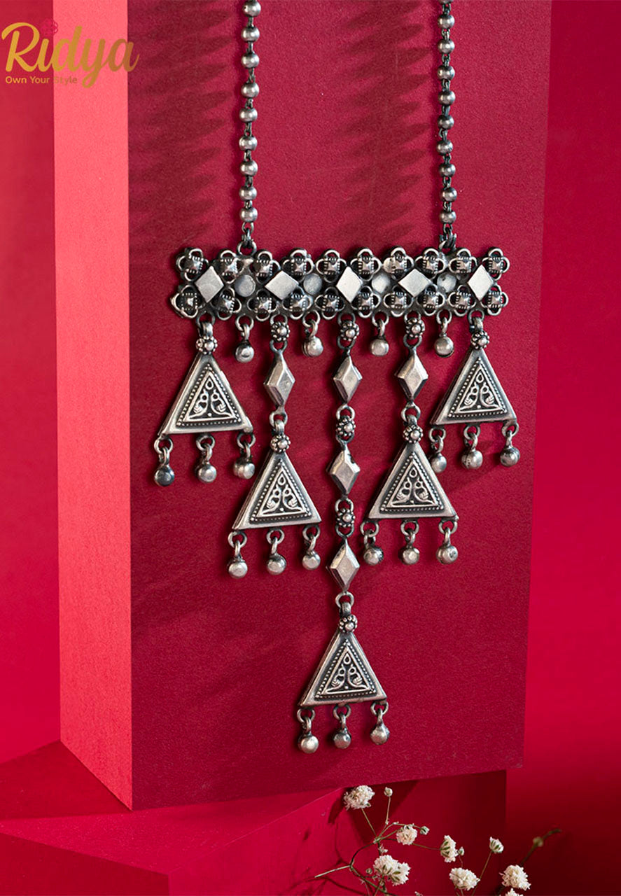 925 SIlver Necklace-Dangling Triangles Ethnic Motifts Statement Ball Chain Necklace (5) Ridya Fashions