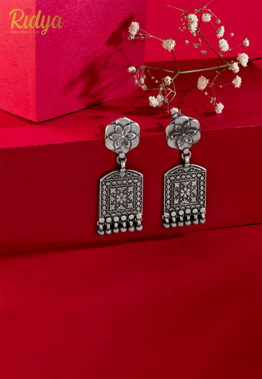 925 Hallmarked Silver Earrings-Ethnic Motifs Rectangular Ghungru Drop Dangler Earrings (4) Ridya Fashions