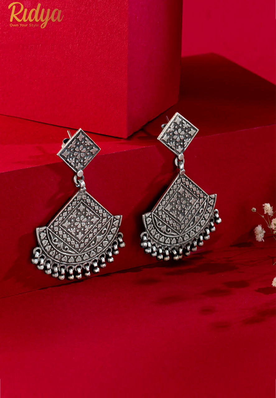 925 Hallmarked Silver Earrings-Ethnic Motifs Square on Square Classic Dangler Earrings (1) Ridya Fashions