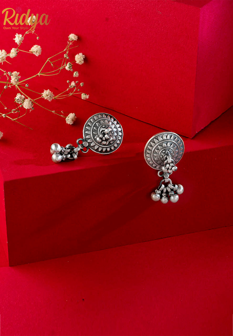 925 Pure Silver Earrings-Intricate Sequence Ghungru Drop Stud Earrings (1) Ridya Fashions