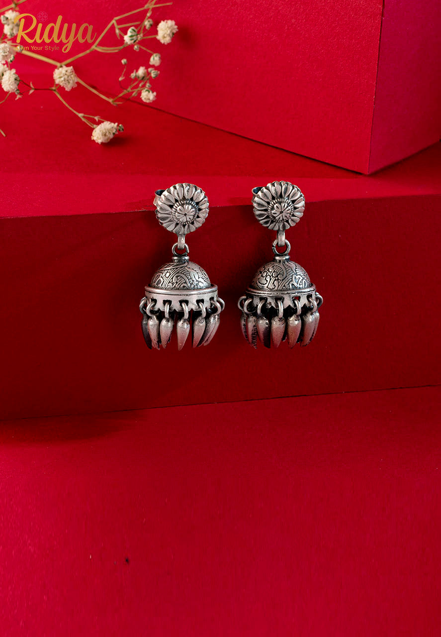 925 Silver Earrings- Leaf Droplets Classic Jhumka Earrings (3) Ridya Fashions