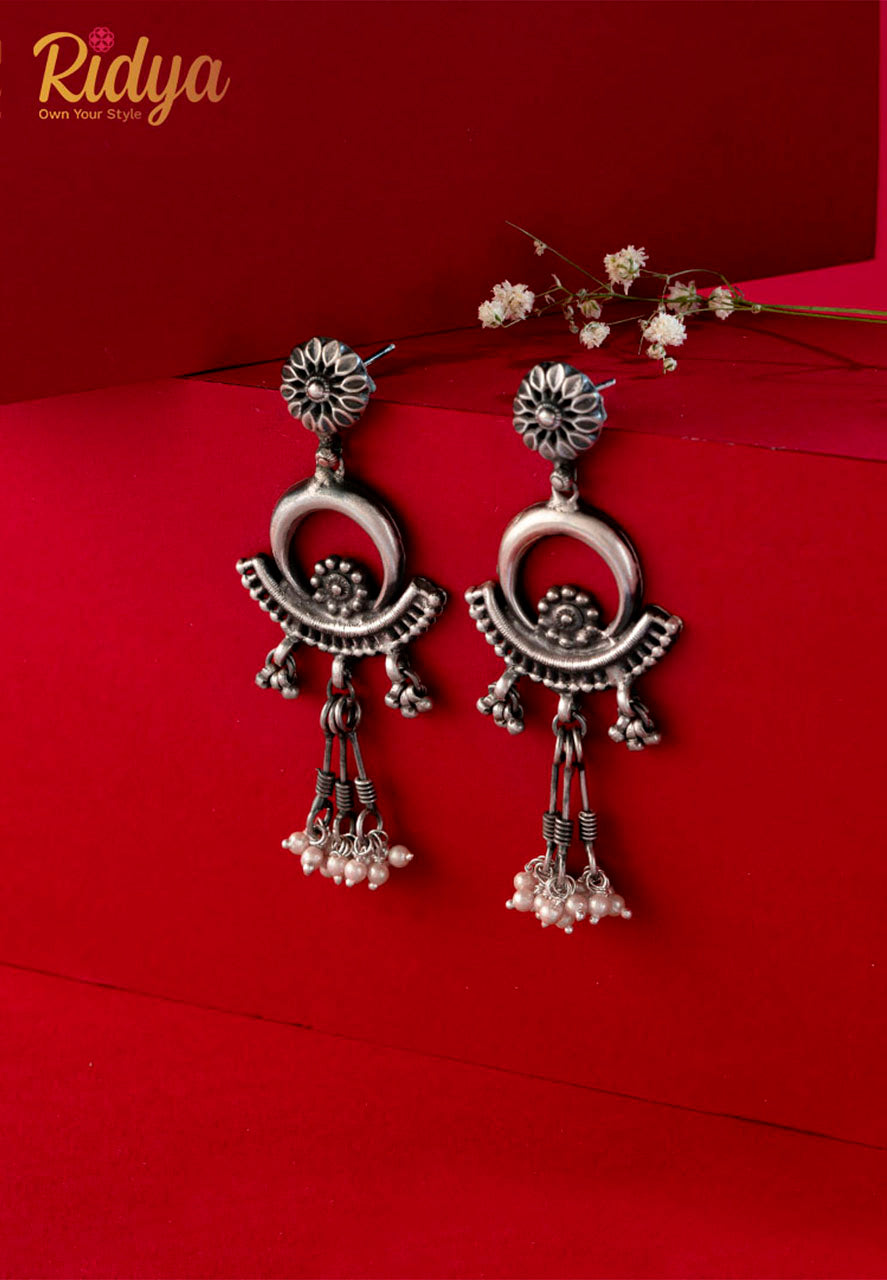 Handcrafted Silver Earrings-Flower Details Pearl Drop Dangler Earrings (4) Ridya Fashions