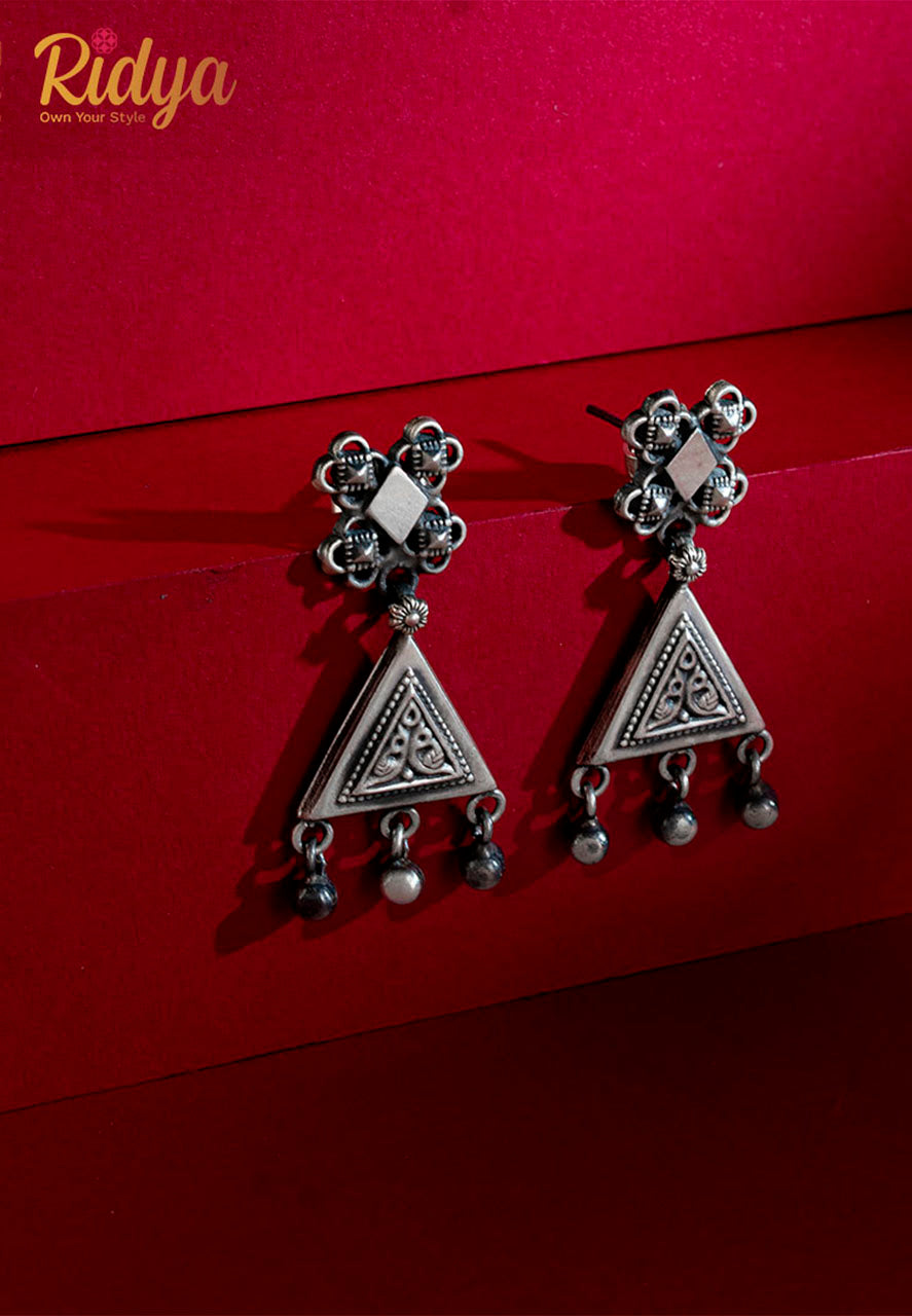 Handcrafted Pure Silver Earrings-Dangling Triangle Ethnic Motif Earrings (3) Ridya Fashions