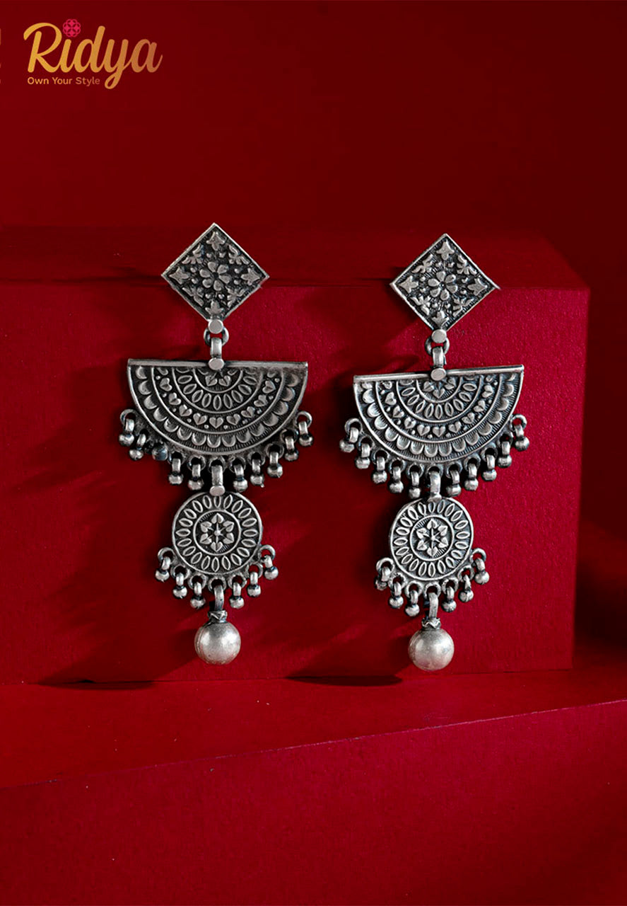 925 Pure Silver Earrings-Intricate Sequence Half Moon and Full Moon Ball Drop Dangler Earrings (4) Ridya Fashions