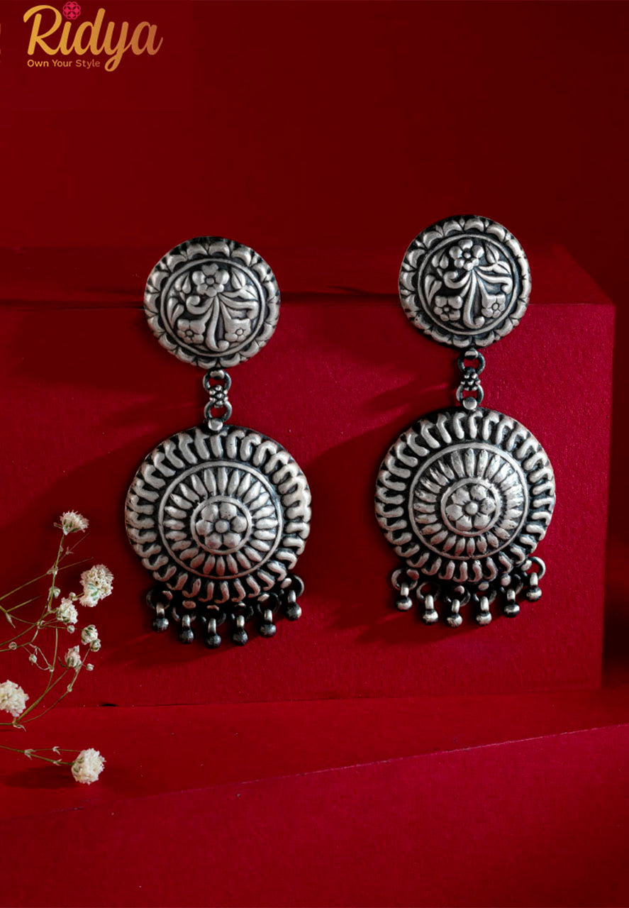 925 Pure Silver Earrings-Intricate Sequence Circle On Circle Dangler Earrings (3) Ridya Fashions