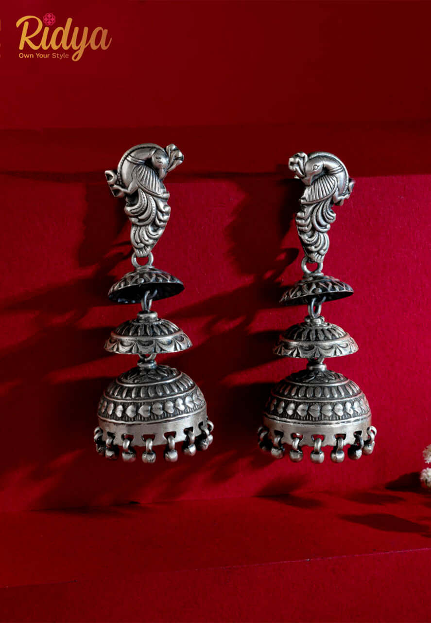 925 Silver Earrings-Carved Peacock Layered Jhumka Earrings (5) Ridya Fashions