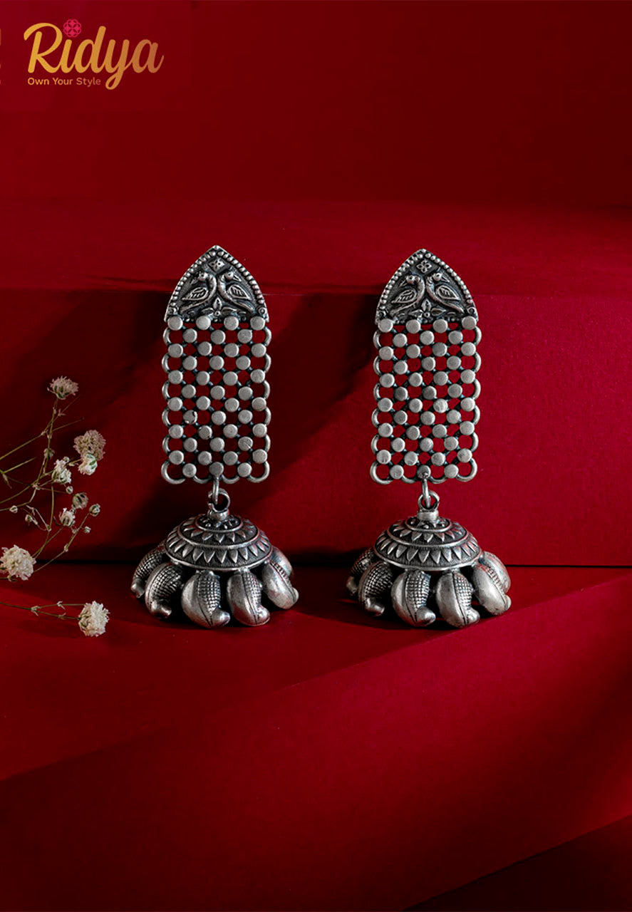 925 Silver Earrings-Peacock Motif Jaali Jhumka Earrings (3) Ridya Fashions