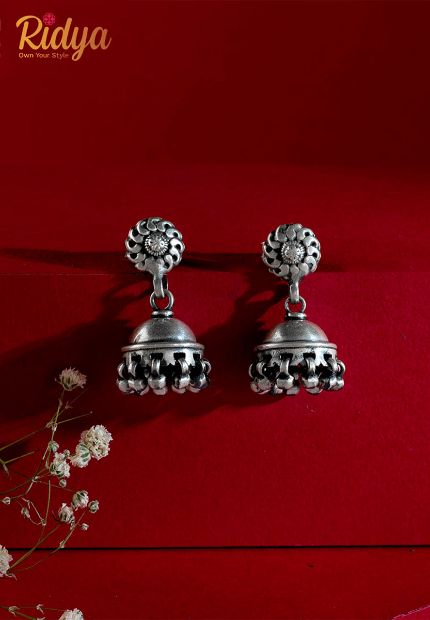 925 Hallmark Silver Earrings-Flower Embossed Classic Small Jhumka (1) Ridya Fashions