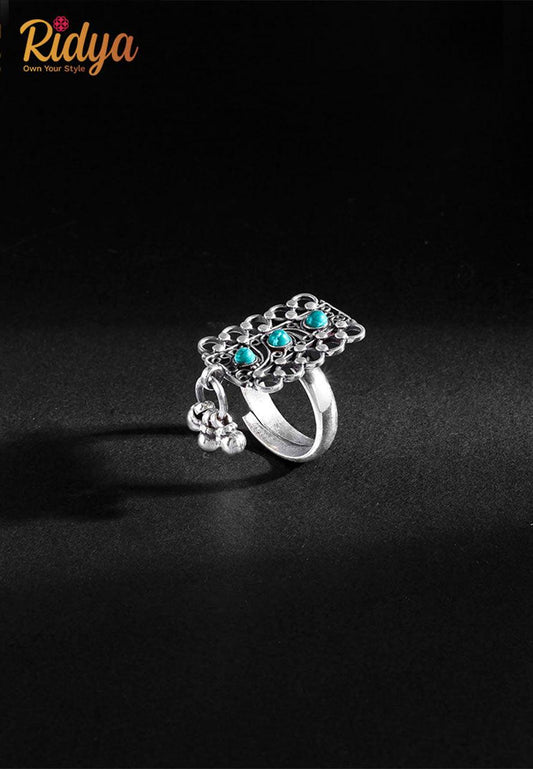 Ladies Silver Ring-Jaali Turquoise Ring (1) Ridya Fashions