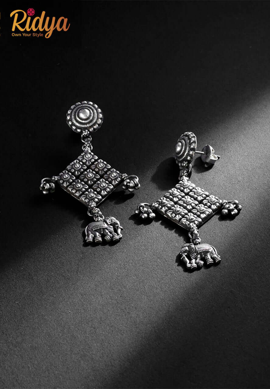 925 Pure Silver Earrings-Carved Elephant on Square Long Earrings (4) Ridya Fashions