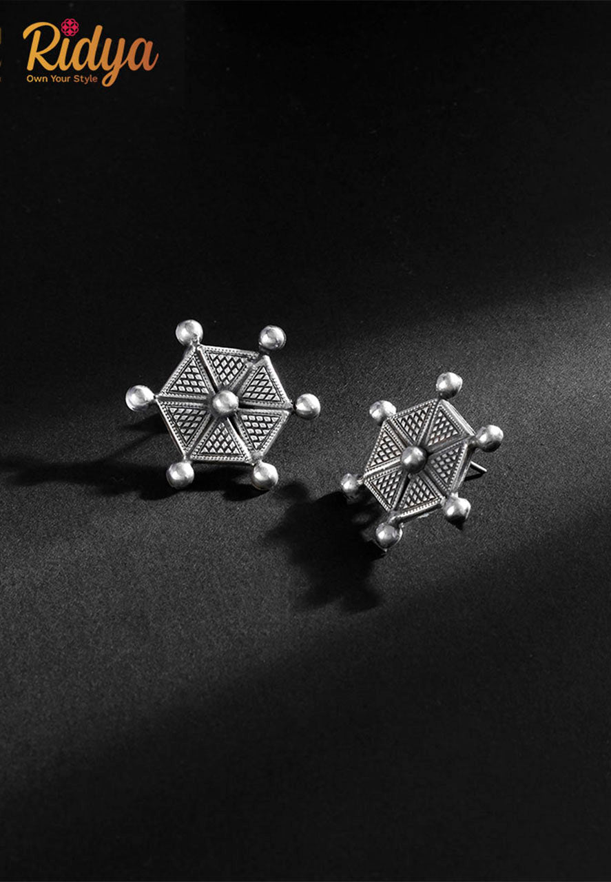 925 Pure Silver Earrings-Hexagon Geometric Details Stud Earrings (4) Ridya Fashions