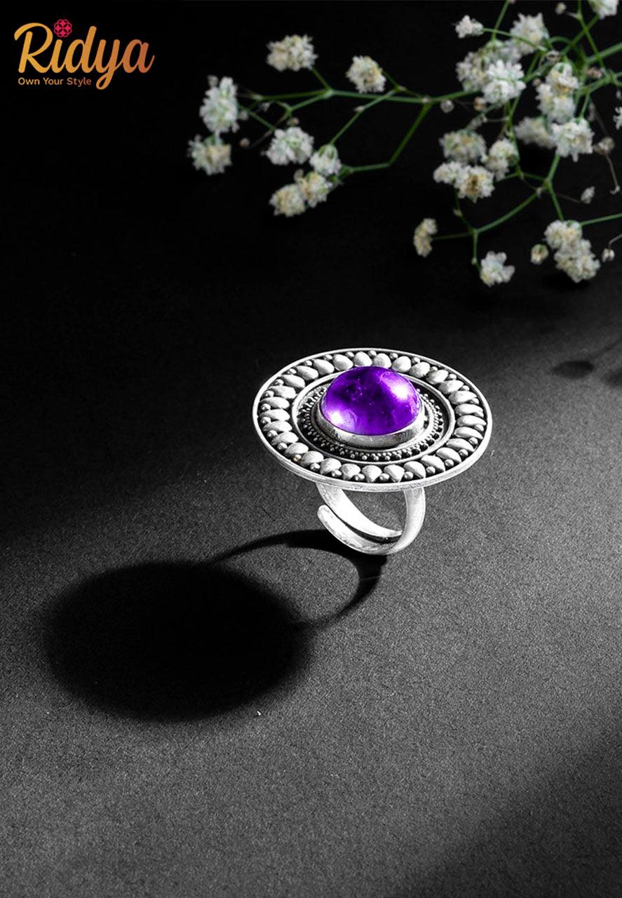 Designer Silver Ring-Intricate details embossed Amethyst Ring (4) Ridya Fashions