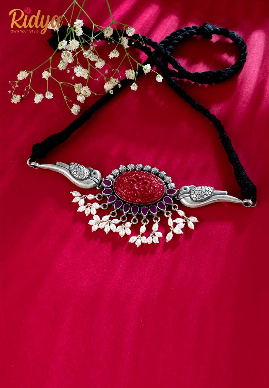 925 Silver Necklace-Dual Parrot Red and Pink Stone Pearl Drop Choker (3) Ridya Fashions