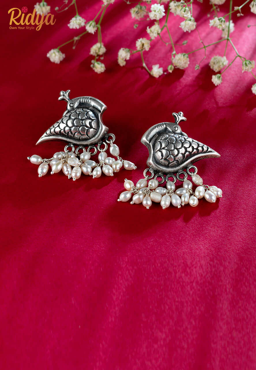 925 Silver Earrings- Carved Peacock Pearl Drop Statement Earrings (1) Ridya Fashions