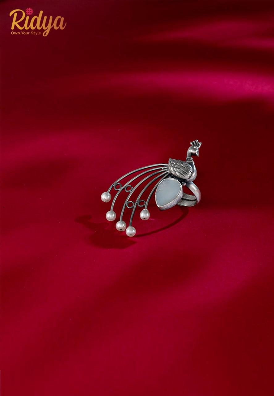 Designer Silver Ring-Peacock on a Pearl Statement Ring (4) Ridya Fashions