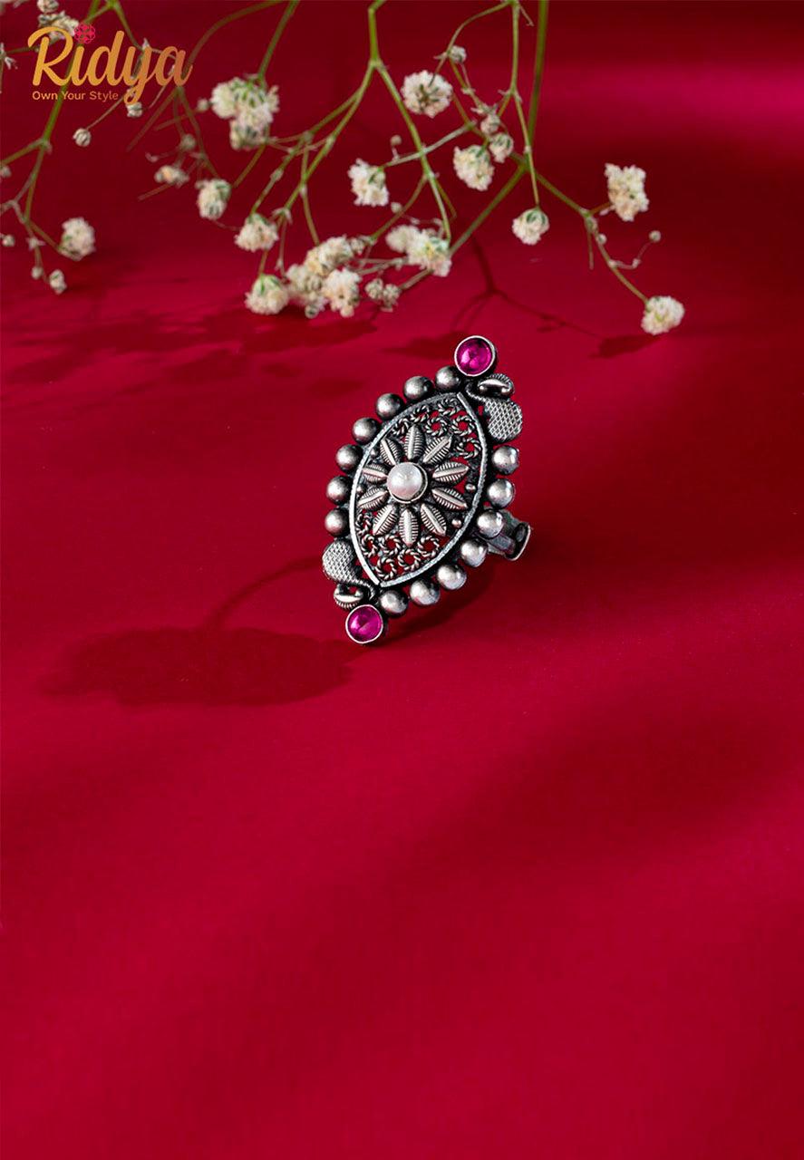 Designer Silver Ring- Intricate Kohlapuri Pink Stone Ring (3) Ridya Fashions