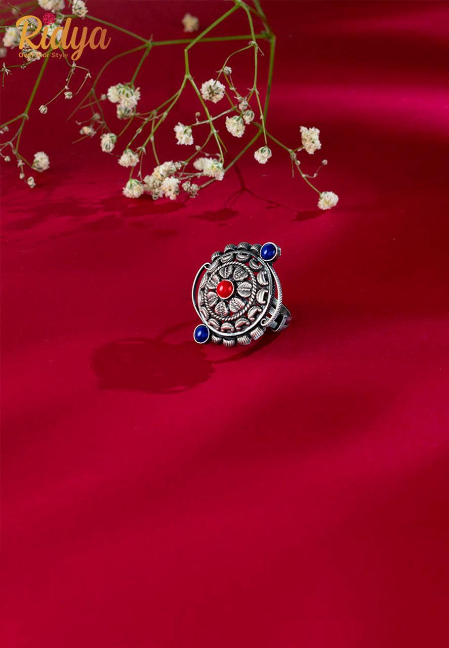 Designer Silver Ring-Intricate Kolhapuri Coral and Blue Ring (4) Ridya Fashions