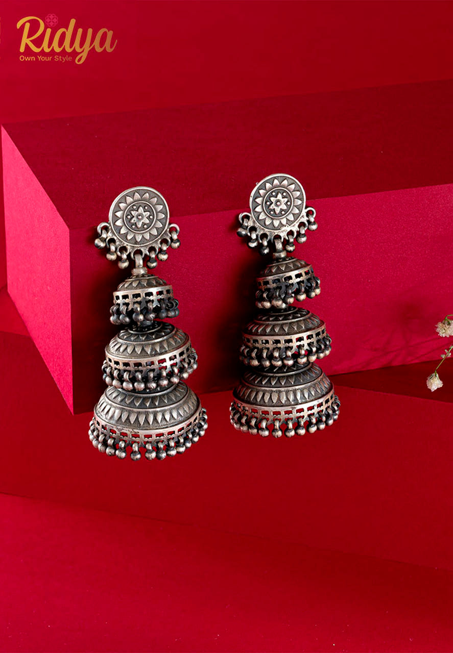 925 Silver Earrings-Ethnic Details Embossed Three Layered Vintage Jhumka Earrings (1) Ridya Fashions