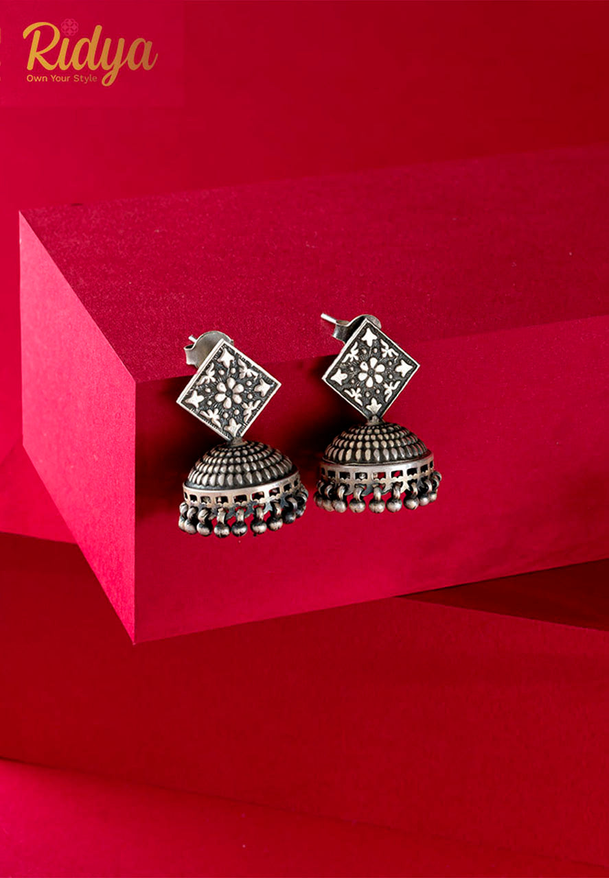 925 Silver Earrings-Ethnic Motifs Embossed Ghungru Drop Versatile Jhumka Earrings (4) Ridya Fashions