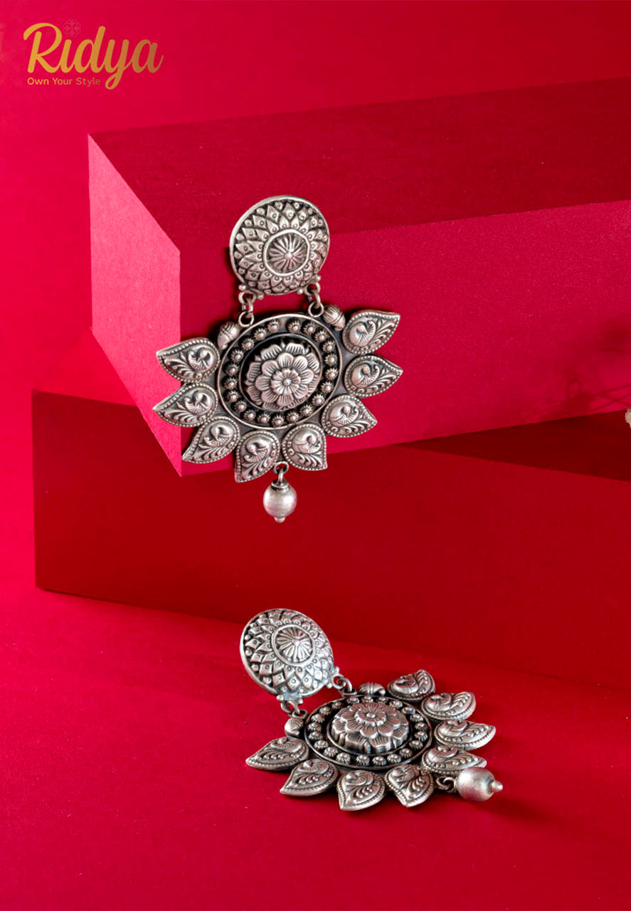 Designer Silver Earrings-Flower Embossed Kari and Ball Royal Dangler Earrings (4) Ridya Fashions