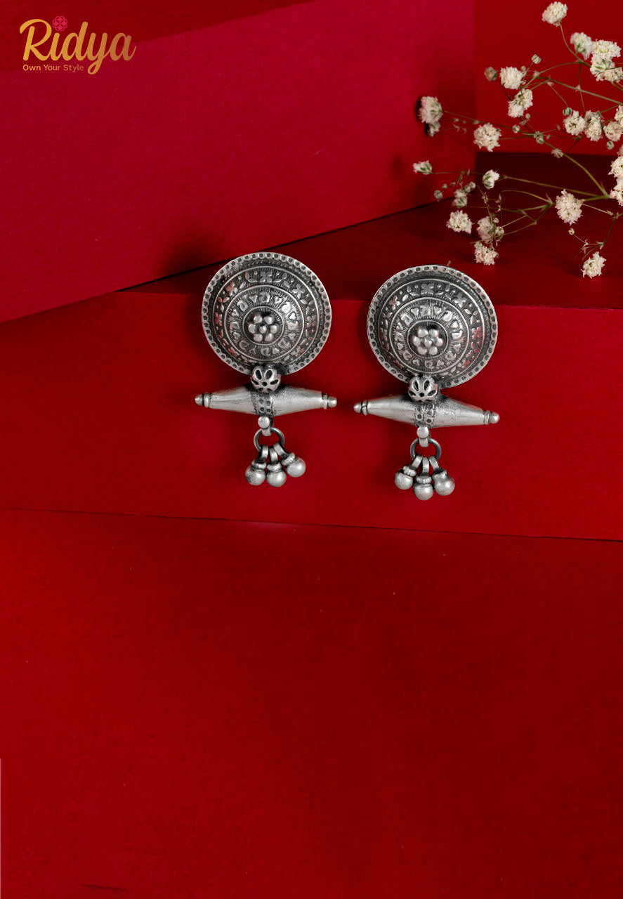 925 Pure Silver Earrings-Intricate Sequence Circle on Cone Tribal Inspired Earring (3) Ridya Fashions