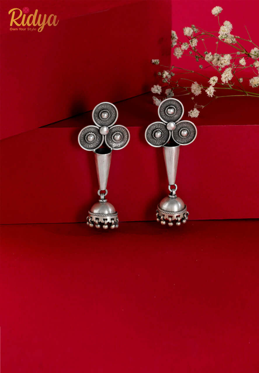 925 Pure Silver Earrings-Cone Drop Jhumka Tribal Inspired Earrings (1) Ridya Fashions