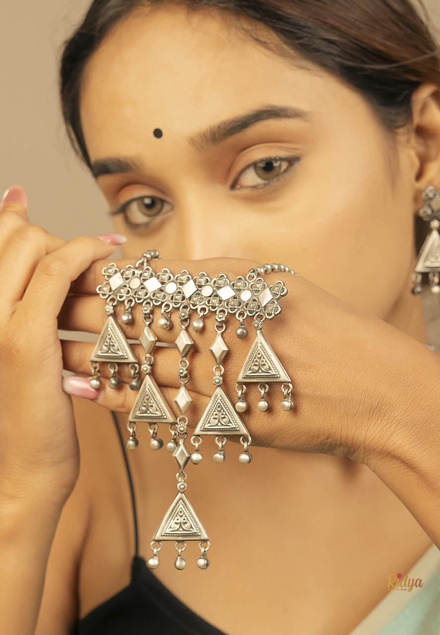 925 SIlver Necklace-Dangling Triangles Ethnic Motifts Statement Ball Chain Necklace (1) Ridya Fashions