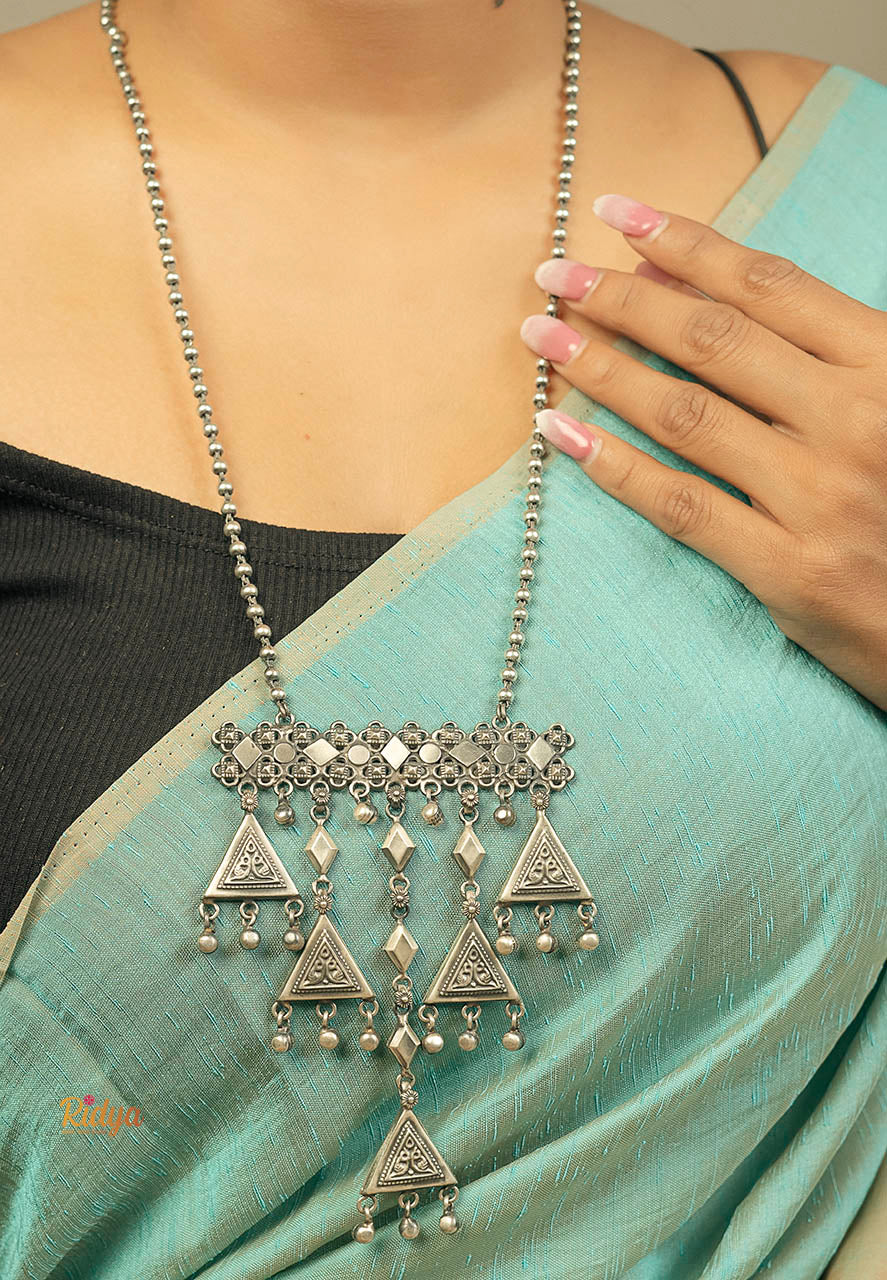 925 SIlver Necklace-Dangling Triangles Ethnic Motifts Statement Ball Chain Necklace (2) Ridya Fashions