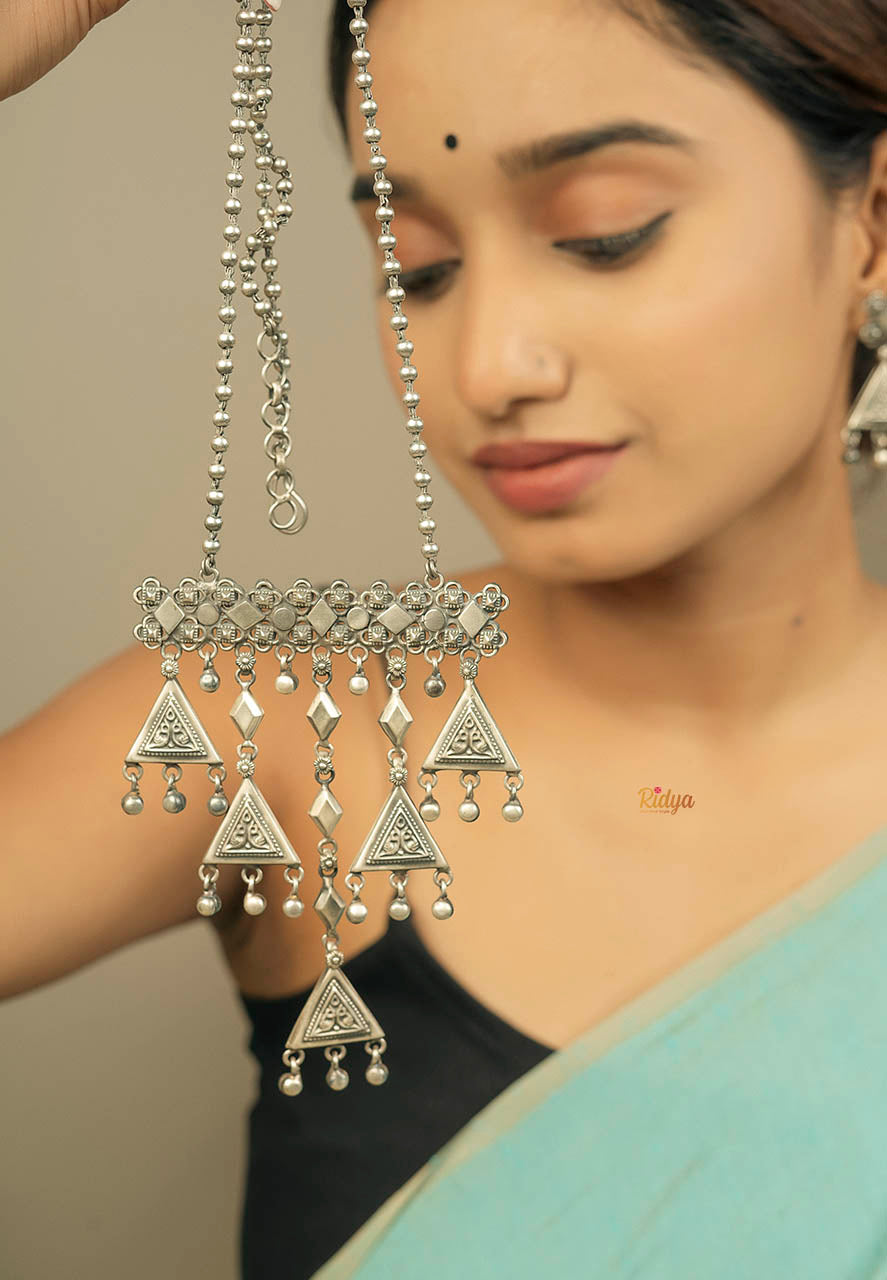 925 SIlver Necklace-Dangling Triangles Ethnic Motifts Statement Ball Chain Necklace (3) Ridya Fashions