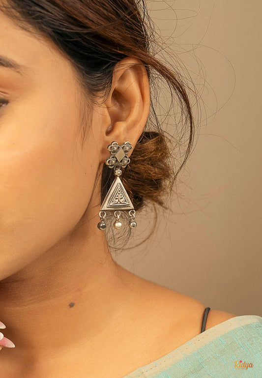 Handcrafted Pure Silver Earrings-Dangling Triangle Ethnic Motif Earrings (1) Ridya Fashions