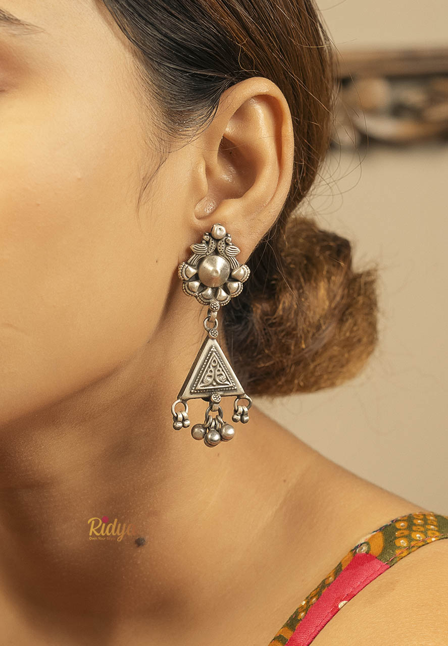 Handcrafted Silver Earrings-Dangling Traingle Peacock Motif Earrings (1) Ridya Fashions