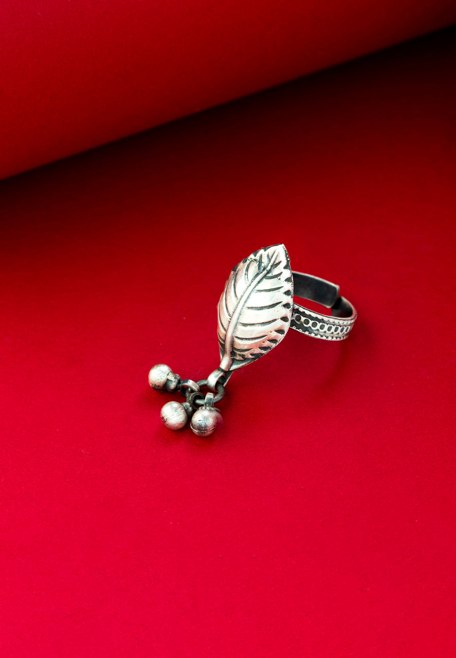 925 Silver Ring-Detailed Leaf Ghungru Drop Ring (4) Ridya Fashions