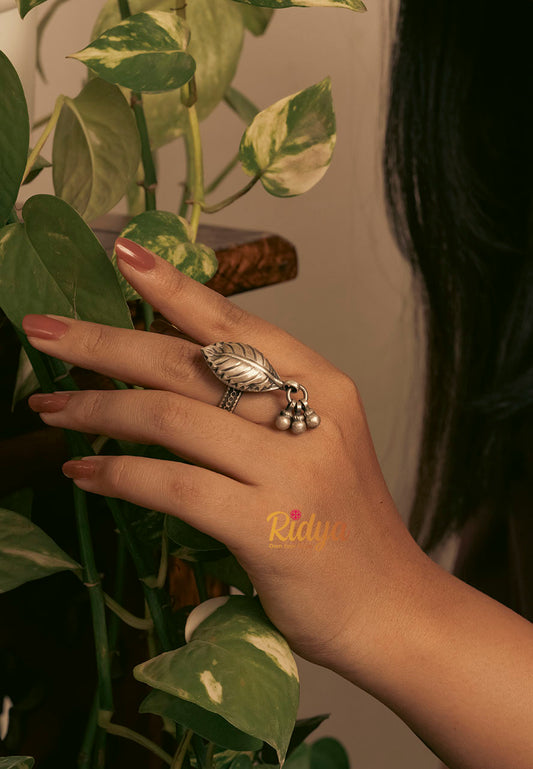 925 Silver Ring-Detailed Leaf Ghungru Drop Ring (1) Ridya Fashions