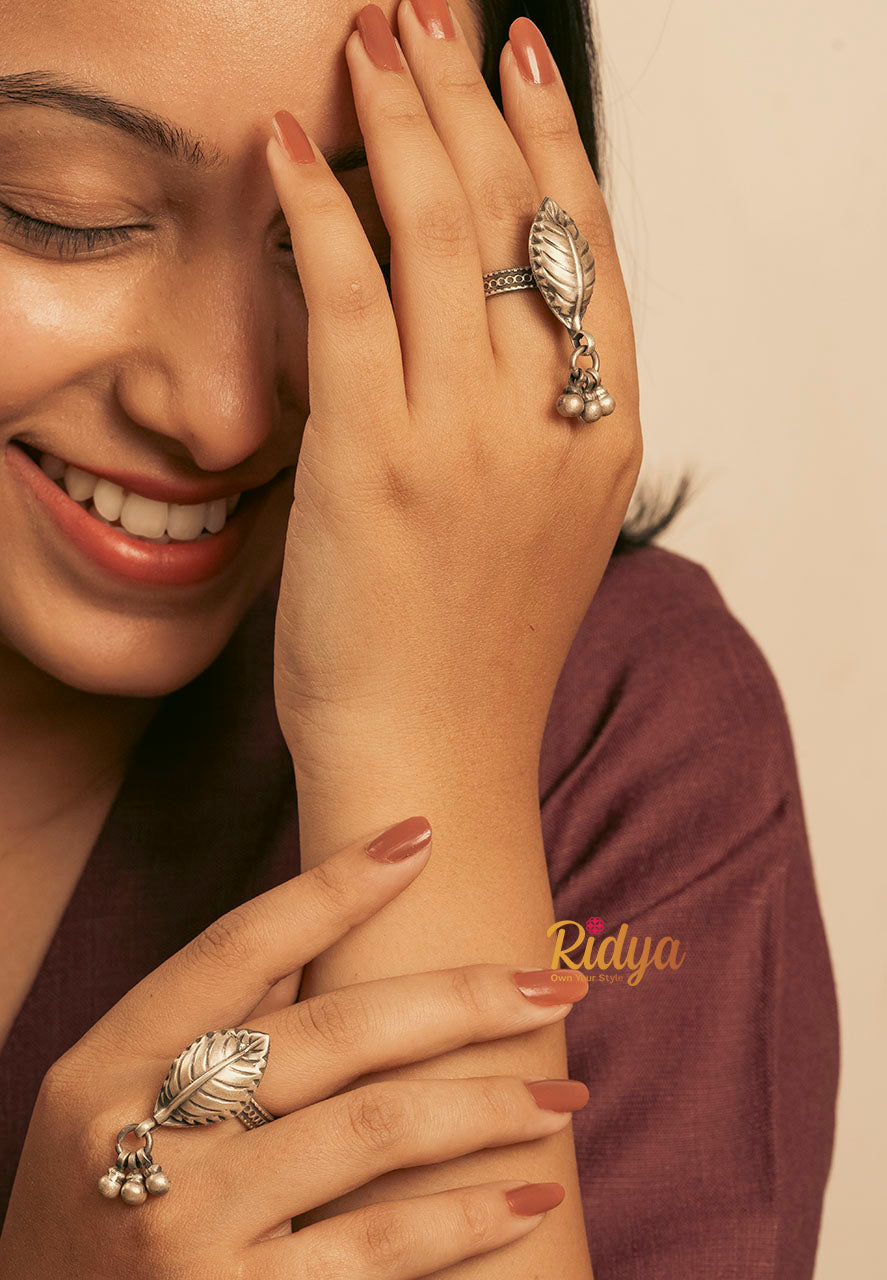 925 Silver Ring-Detailed Leaf Ghungru Drop Ring (3) Ridya Fashions