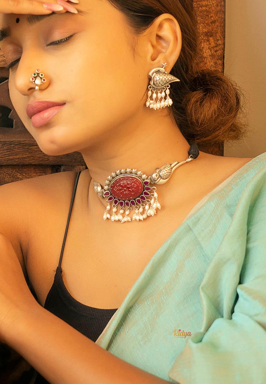 925 Silver Necklace-Dual Parrot Red and Pink Stone Pearl Drop Choker (1) Ridya Fashions