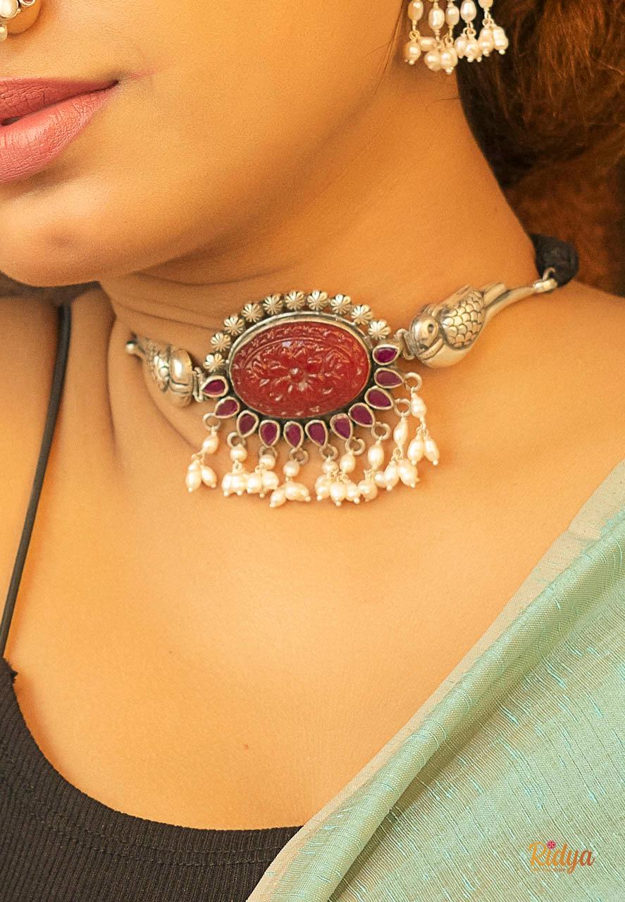 925 Silver Necklace-Dual Parrot Red and Pink Stone Pearl Drop Choker (2) Ridya Fashions