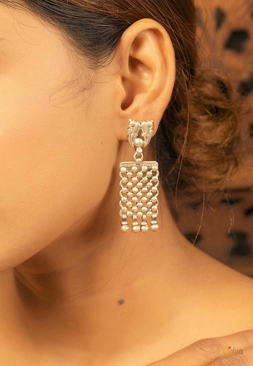 925 Hallmark Silver Earrings-Dual Peacock Jaali Drop Dangler Earrings (1) Ridya Fashions