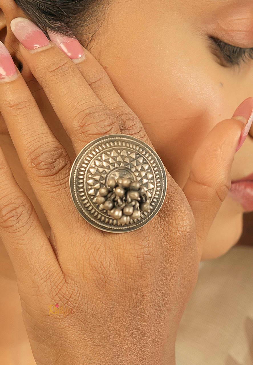 925 SIlver Rings- Ethnic Motifs Embossed Ghungru Ring (1) Ridya Fashions