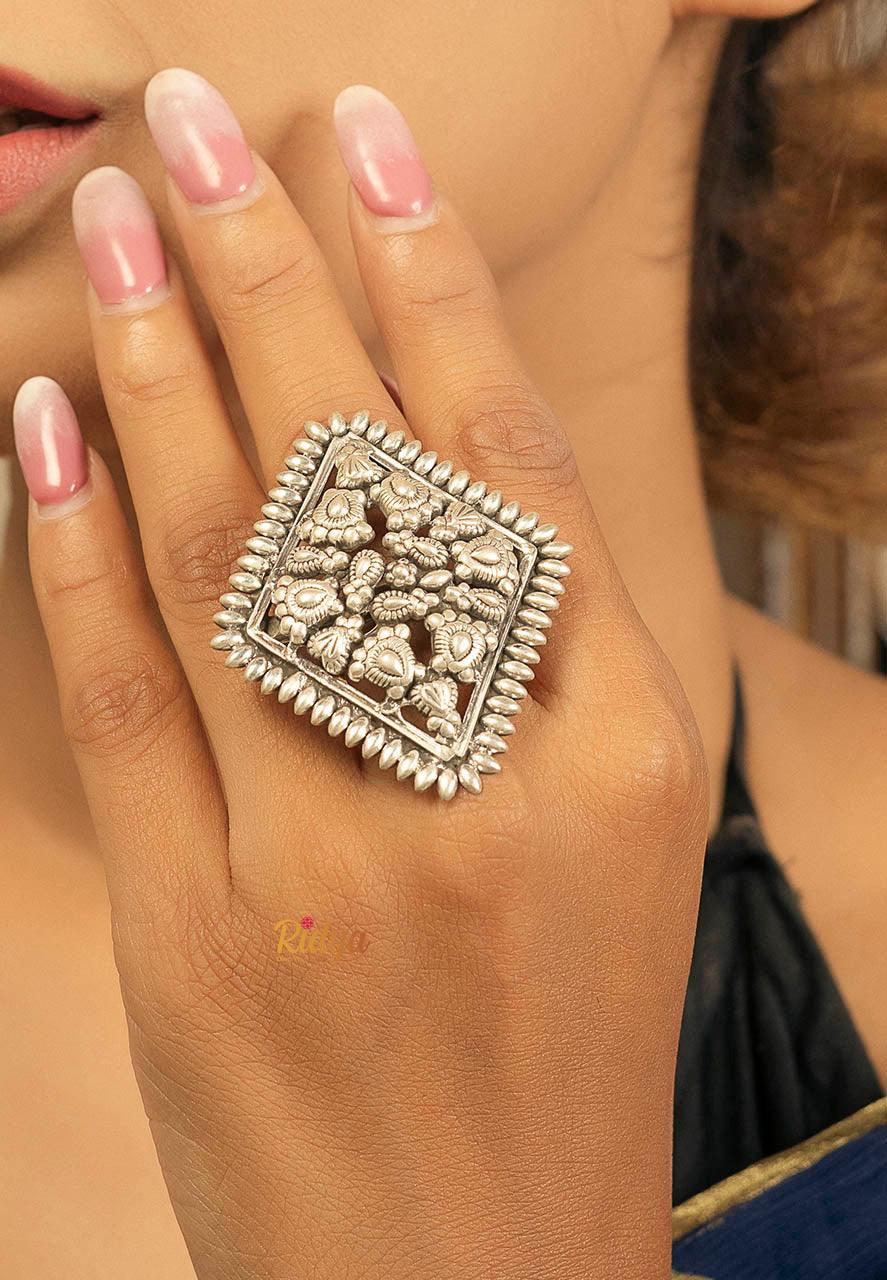 925 Silver Ring For Women-Ethnic Motifs Carved Diamond Shaped Ring (1) Ridya Fashions