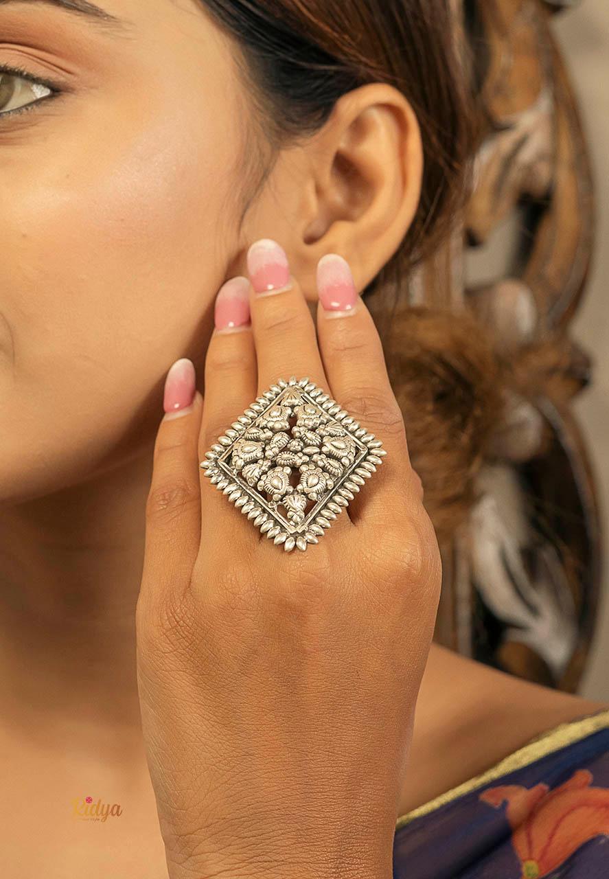 925 Silver Ring For Women-Ethnic Motifs Carved Diamond Shaped Ring (2) Ridya Fashions