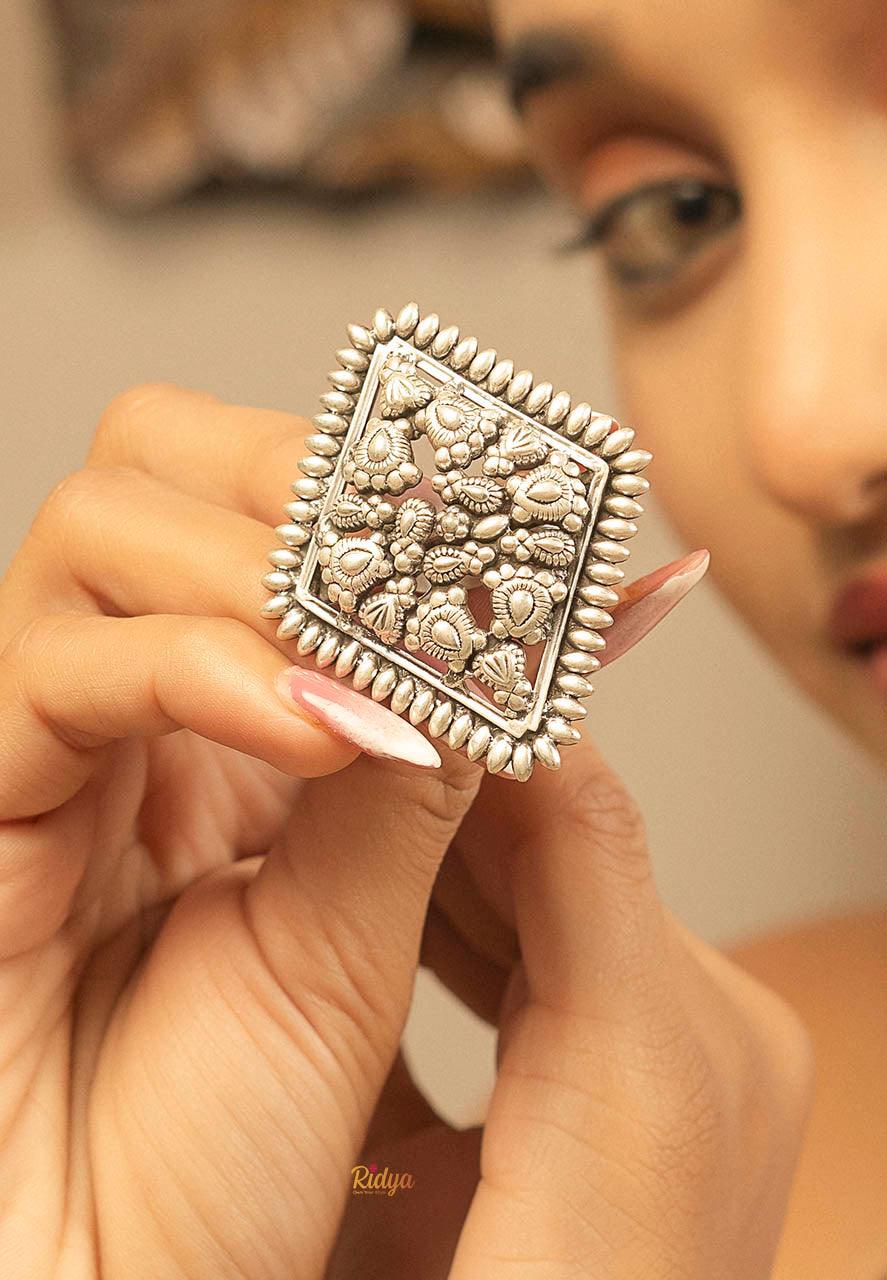 925 Silver Ring For Women-Ethnic Motifs Carved Diamond Shaped Ring (3) Ridya Fashions