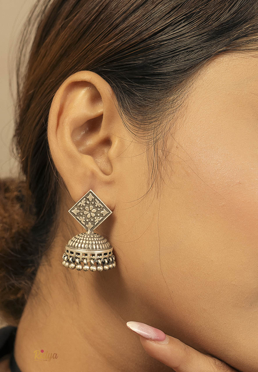 925 Silver Earrings-Ethnic Motifs Embossed Ghungru Drop Versatile Jhumka Earrings (1) Ridya Fashions