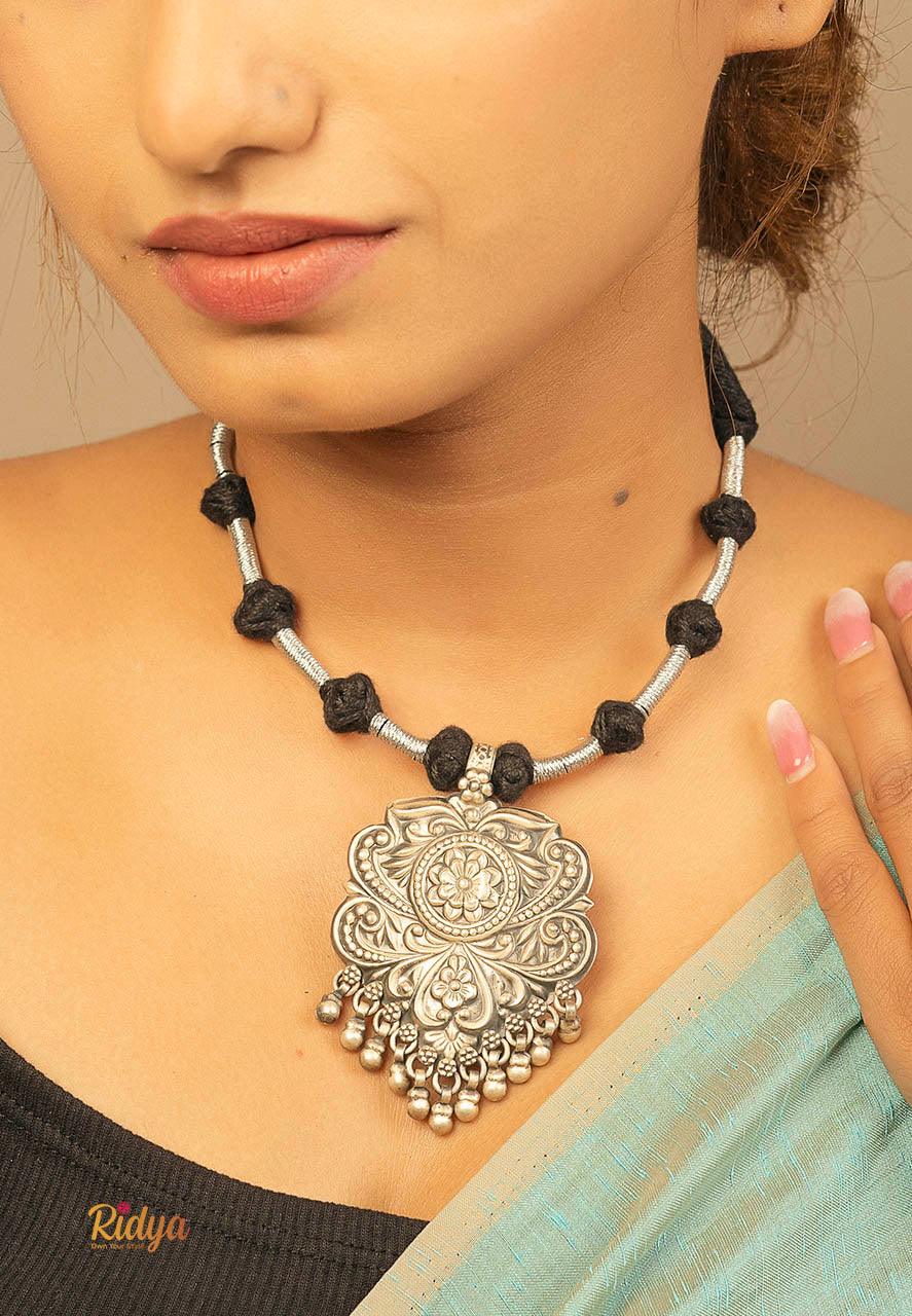 925 Pure Silver Necklace-Ethnic Motifs Embossed Ghungru Drop Necklace (1) Ridya Fashions