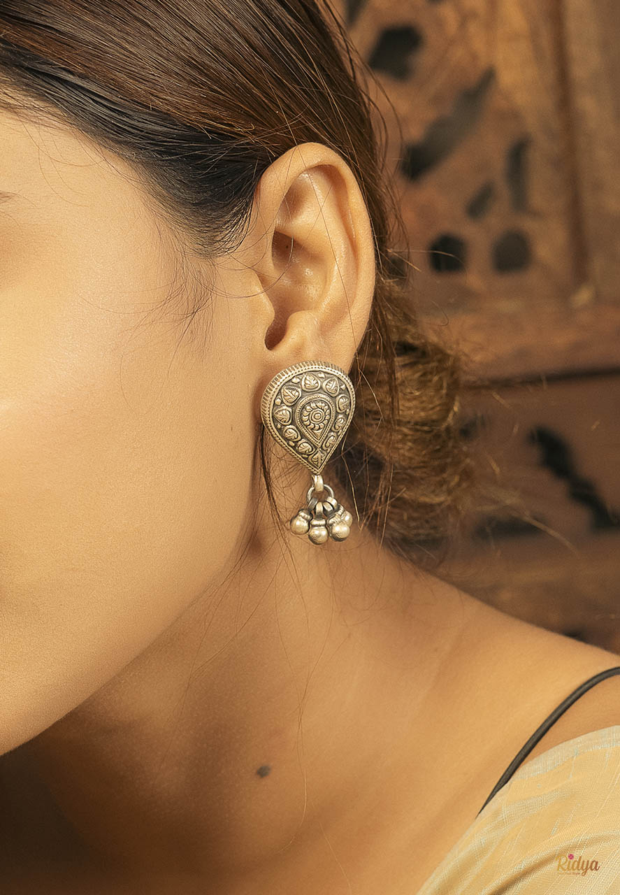 925 Pure Silver Earrings-Ethnic Motifs Leaf Embossed Drop Earrings (1) Ridya Fashions