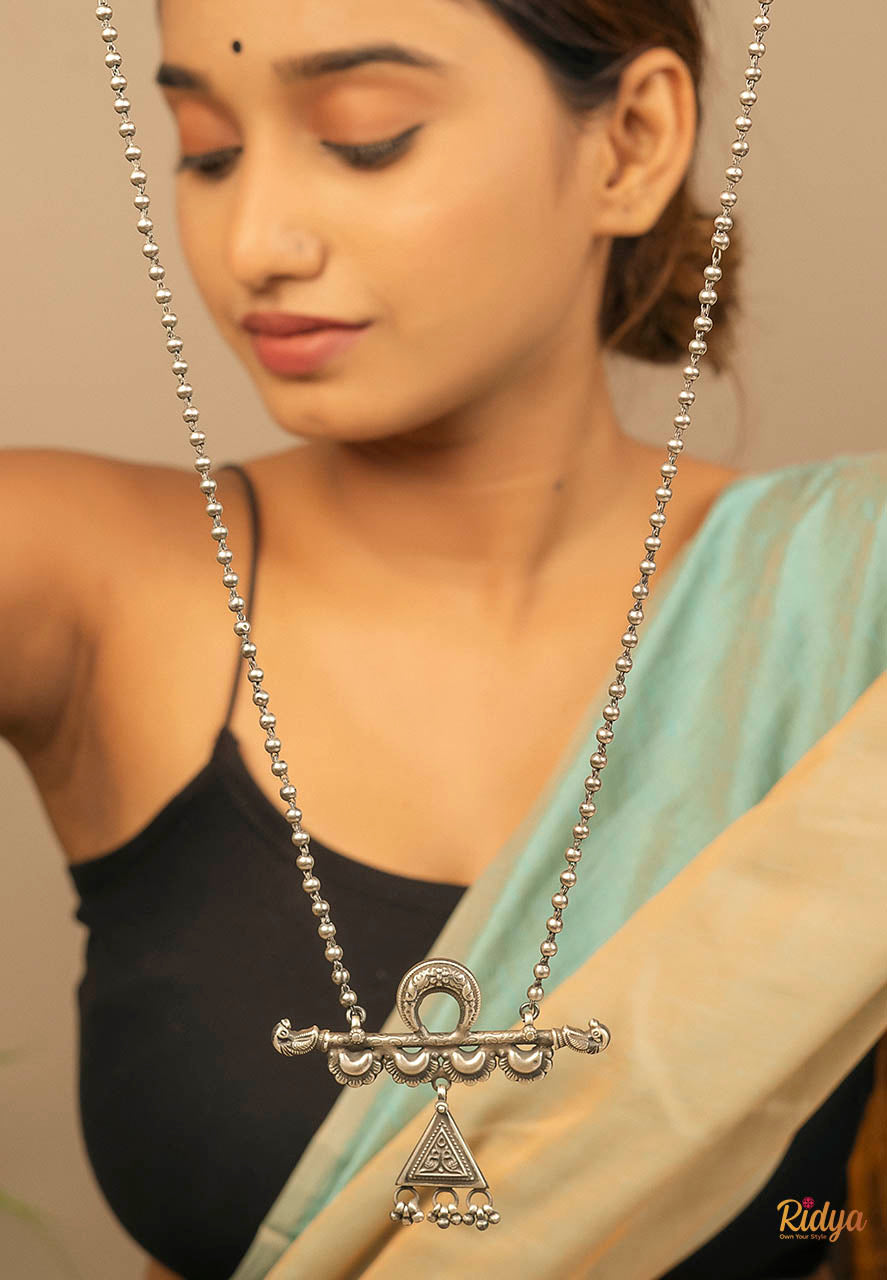 925 Pure Silver Necklace-Ethnic Motifs Murli Statement Ball Chain Necklace (1) Ridya Fashions