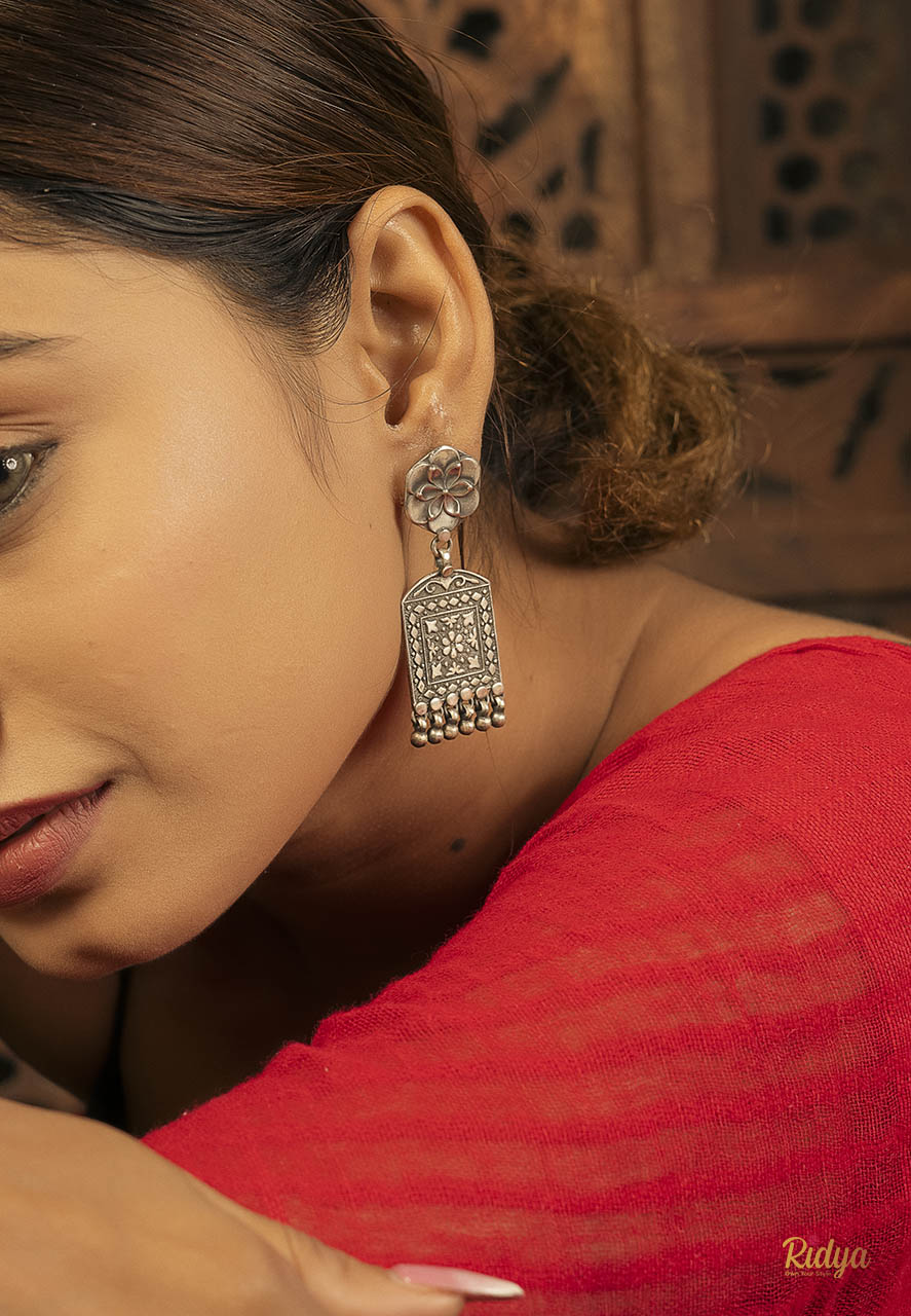 925 Hallmarked Silver Earrings-Ethnic Motifs Rectangular Ghungru Drop Dangler Earrings (2) Ridya Fashions