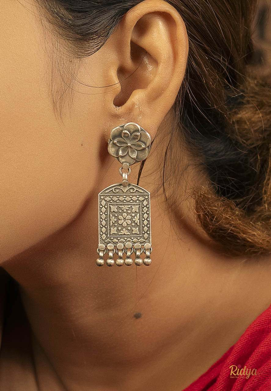 925 Hallmarked Silver Earrings-Ethnic Motifs Rectangular Ghungru Drop Dangler Earrings (3) Ridya Fashions