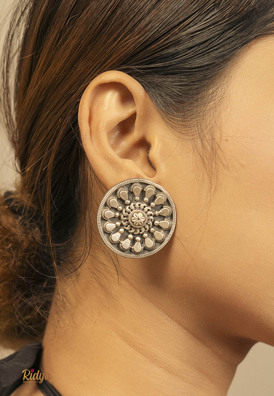 Designer Silver Earrings-Floral Dana Detailed Oversized Stud Earrings (2) Ridya Fashions