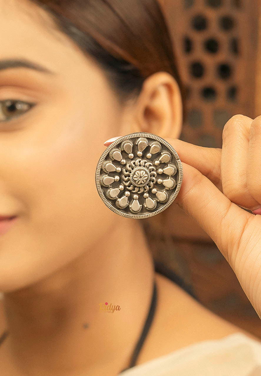 Designer Silver Earrings-Floral Dana Detailed Oversized Stud Earrings (3) Ridya Fashions