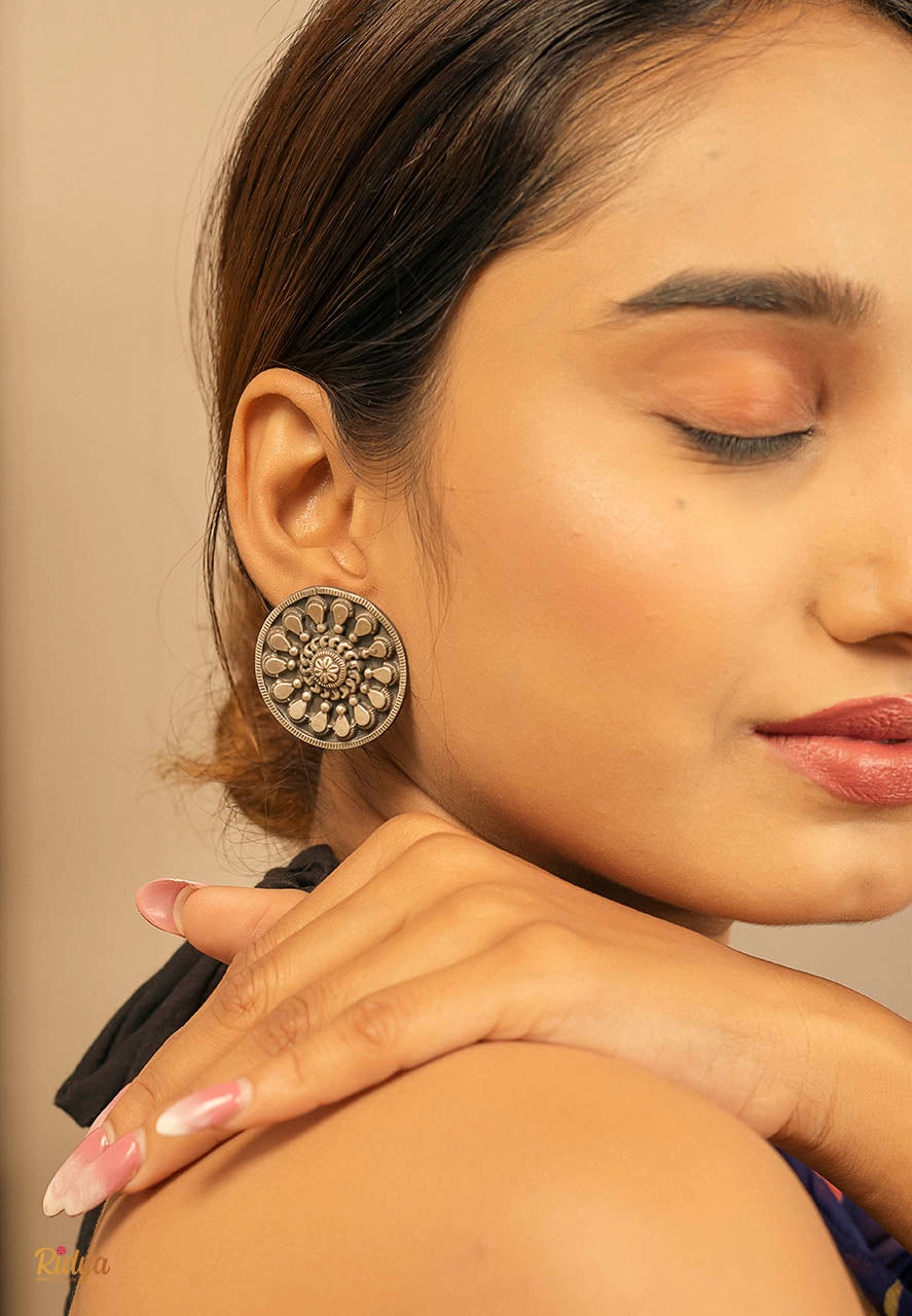 Designer Silver Earrings-Floral Dana Detailed Oversized Stud Earrings (1) Ridya Fashions